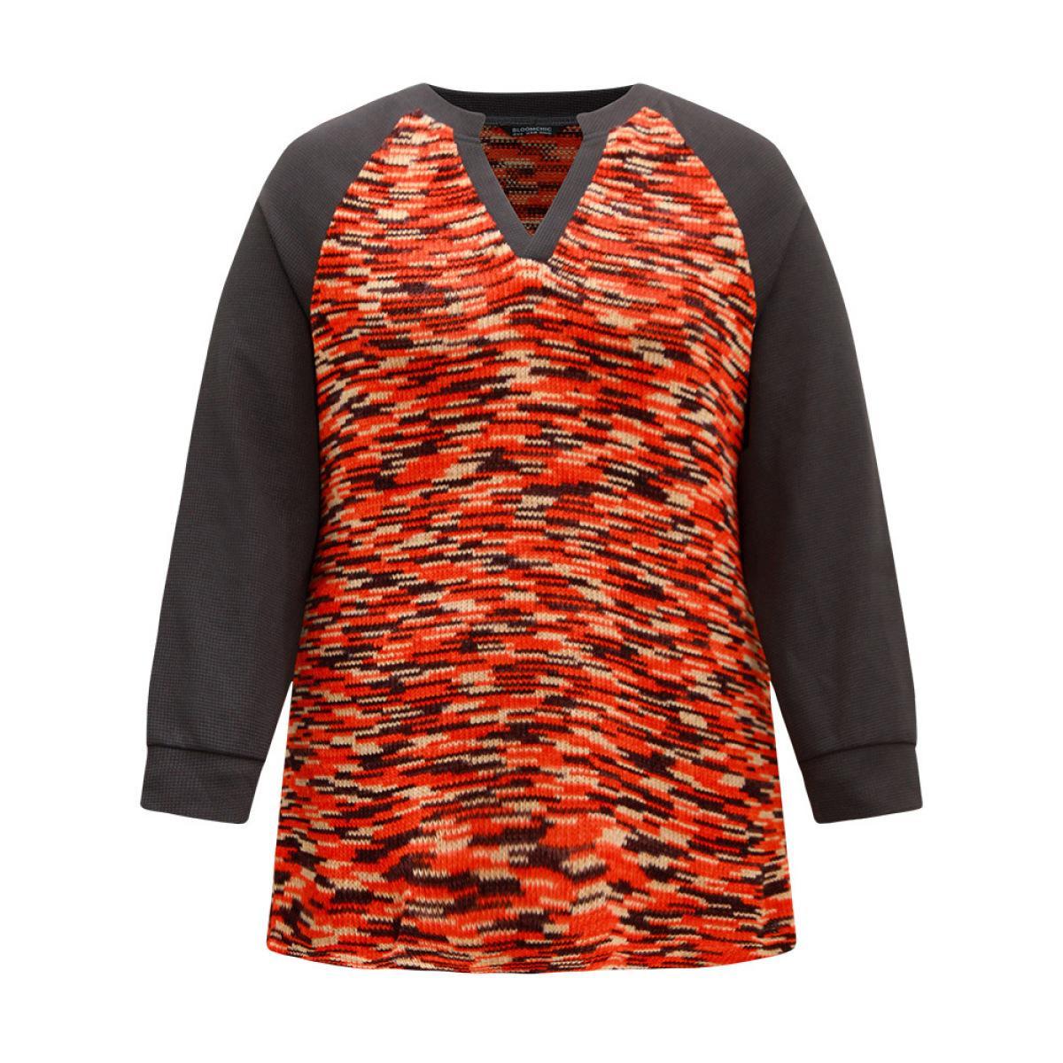 Plus Size Contrast Heather Waffle Knit Raglan Sleeve Sweatshirt Women DimGray Elegant Waffle Knit Notched collar Dailywear Sweatshirts BloomChic 12/L Product Image