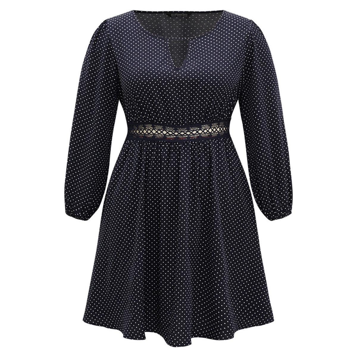 Plus Size Polka Dot Keyhole Lace Panel Dress Indigo Women Office Elastic cuffs Keyhole Cut-Out Long Sleeve Curvy Knee Dress BloomChic 12/L Product Image
