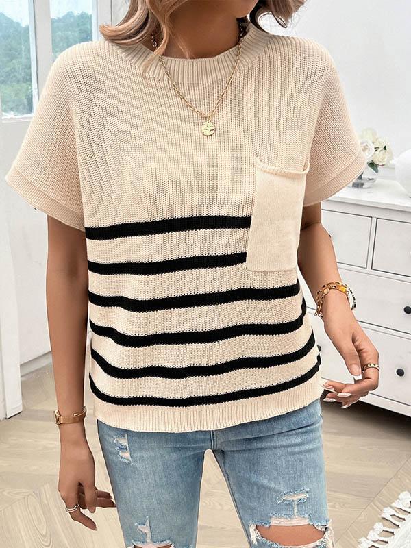 Half Sleeves Loose Pockets Striped Round-neck Knitwear Sweater Tops Product Image
