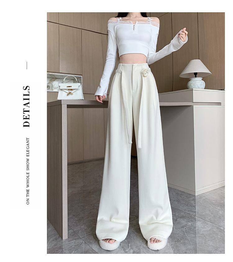 High Waist Plain Flower Accent Wide Leg Suit Pants Product Image