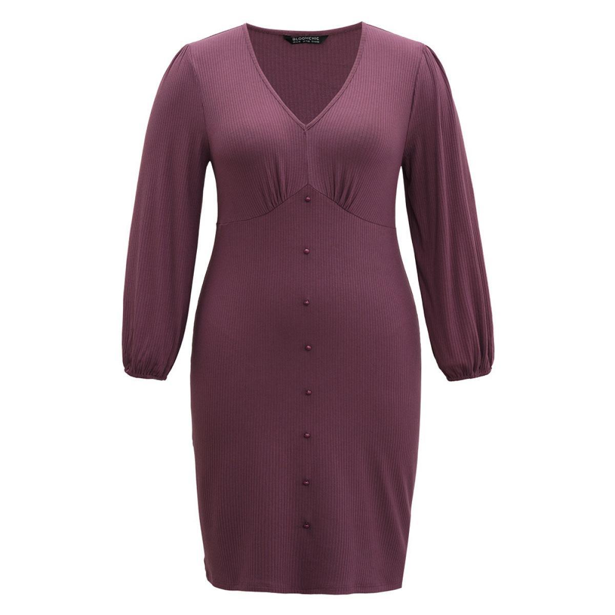 Plus Size Rib Knit Gathered Button Detail Lantern Sleeve Dress Mauve Women Office Elastic cuffs V-neck Long Sleeve Curvy Knee Dress BloomChic 26/4X Product Image