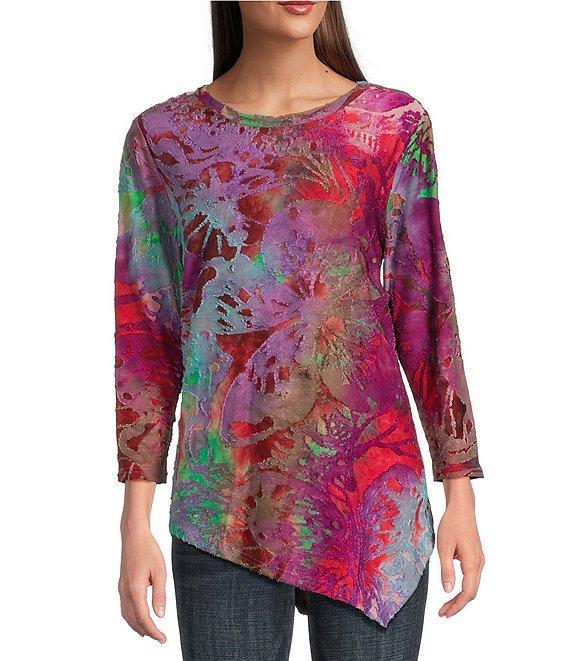 Calessa Burnout Tie-Dye Crew Neck Bracelet Sleeve Asymmetric Hem Tunic Product Image