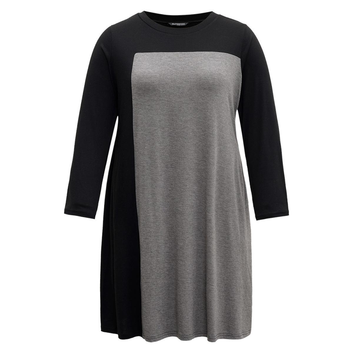 Plus Size Supersoft Essentials Two Tone Pocket Dress Black Women Casual Patchwork Round Neck Long Sleeve Curvy Knee Dress BloomChic 12/L Product Image