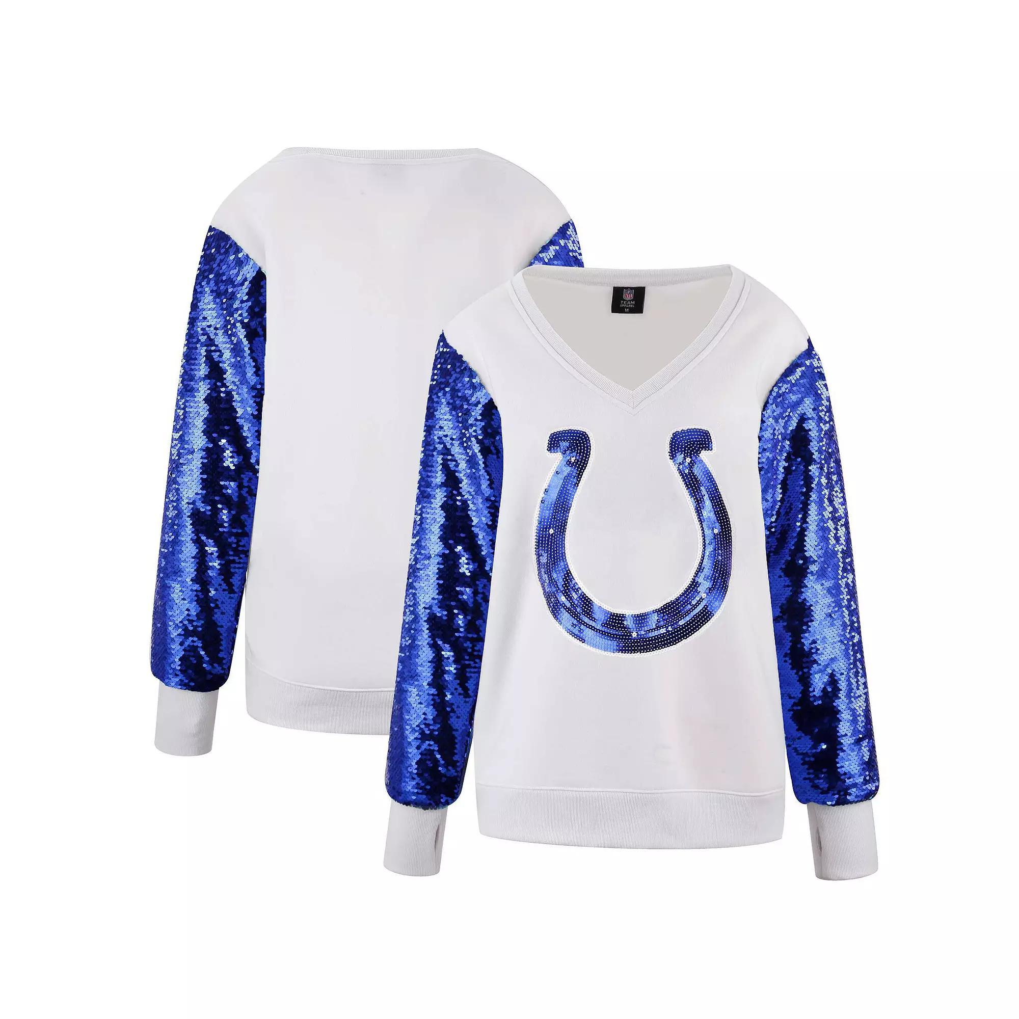Women's Cuce White Indianapolis Colts Sequin Sleeve V-Neck Pullover Sweatshirt, Size: Large Product Image