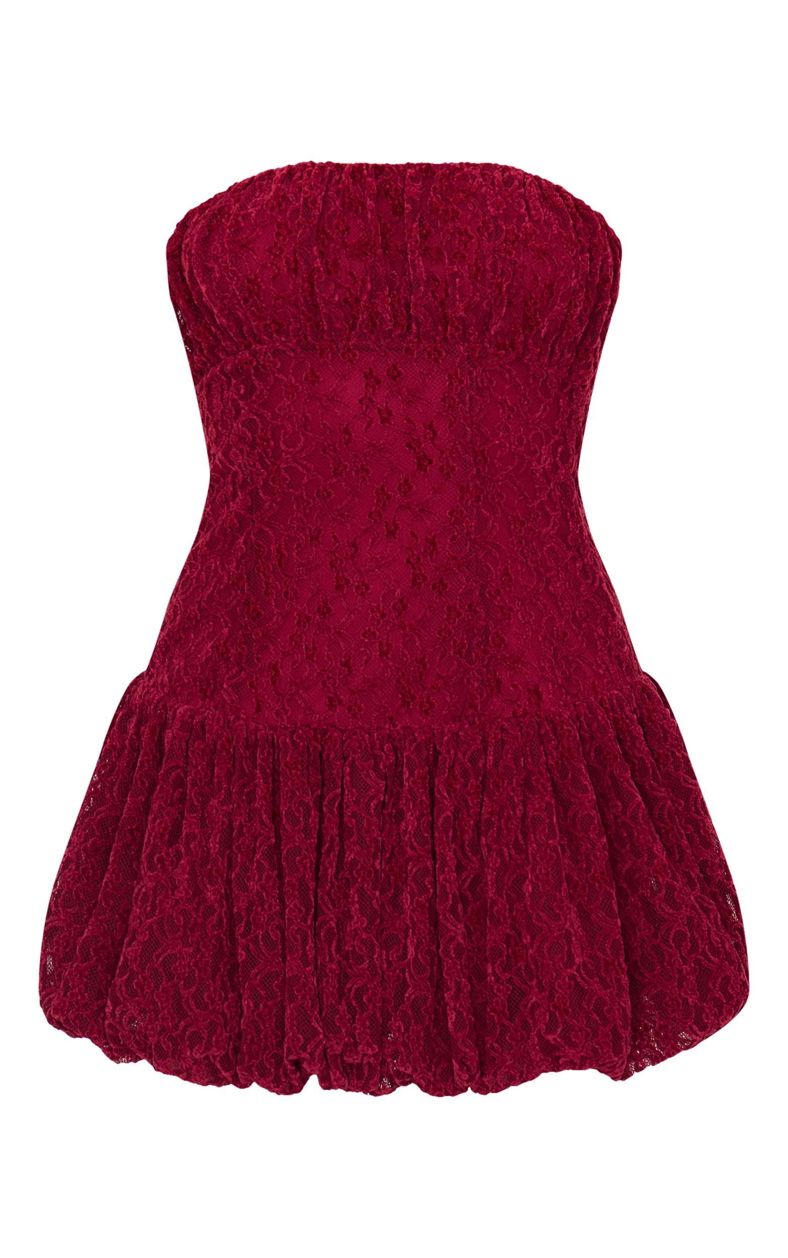 Cherry Red Lace Bandeau Ruched Mini Dress Product Image