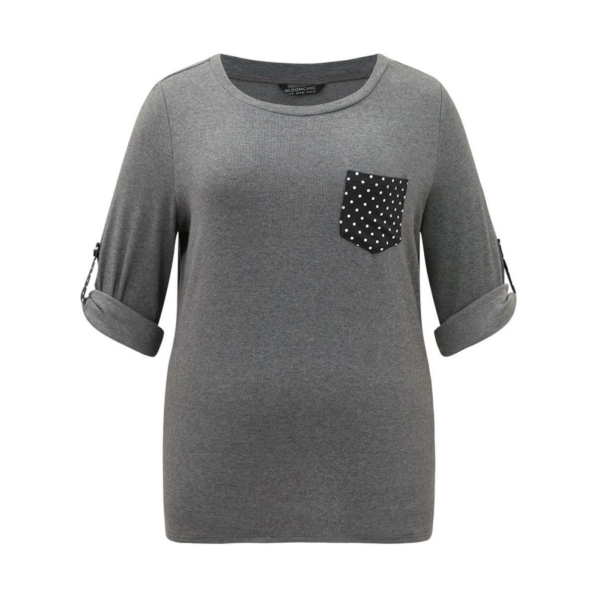 Plus Size Polka Dot Patched Pocket Tab Sleeve T-shirt DimGray Women Casual Contrast Polka Dot Round Neck Dailywear T-shirts BloomChic 28/5X Product Image
