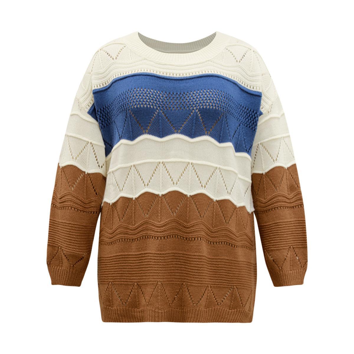 Plus Size Contrast Eyelet Patchwork Elastic Cuffs Pullover Multicolor Women Casual Loose Long Sleeve Round Neck Dailywear Pullovers BloomChic 18-20/2X Product Image