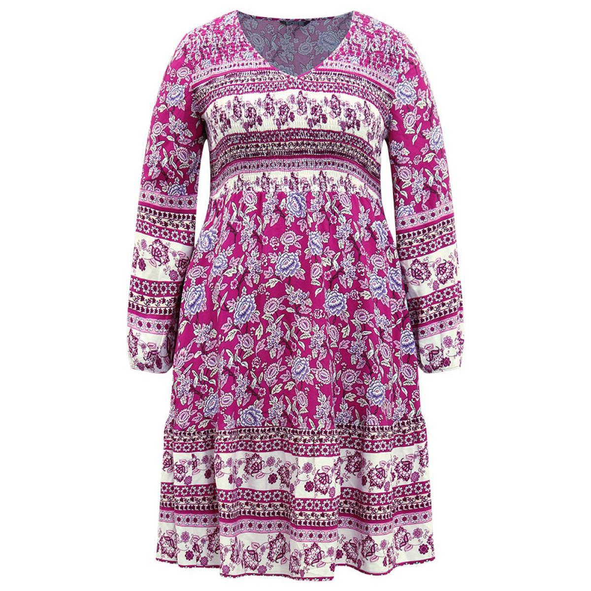 Plus Size Bandana Print Pocket V Neck Shirred Dress Purple Women Vacation Elastic cuffs V-neck Long Sleeve Curvy Midi Dress BloomChic 14-16/1X Product Image