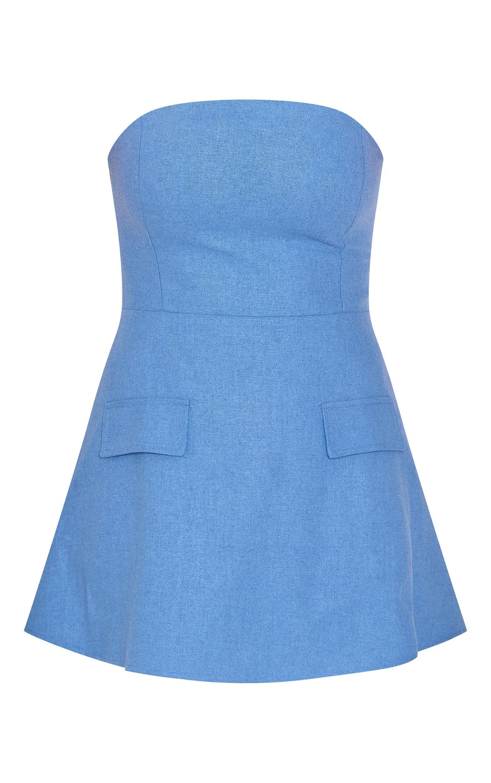 Blue Bandeau Linen Look Shift Dress Product Image