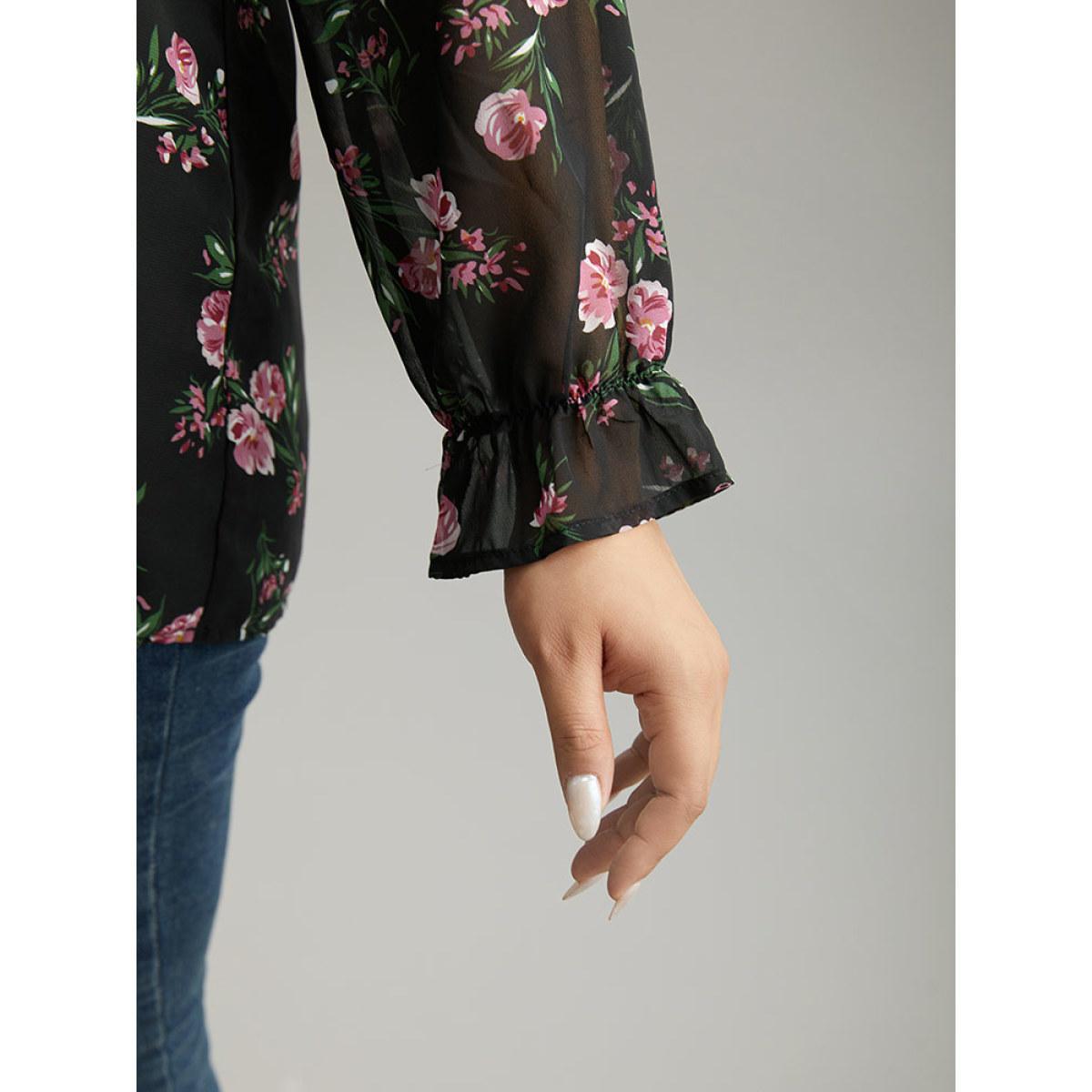 Plus Size Black Chiffon Floral Frill Trim Mesh Patchwork Blouse Women Elegant Long Sleeve Round Neck Dailywear Blouses BloomChic 18-20/2X Product Image
