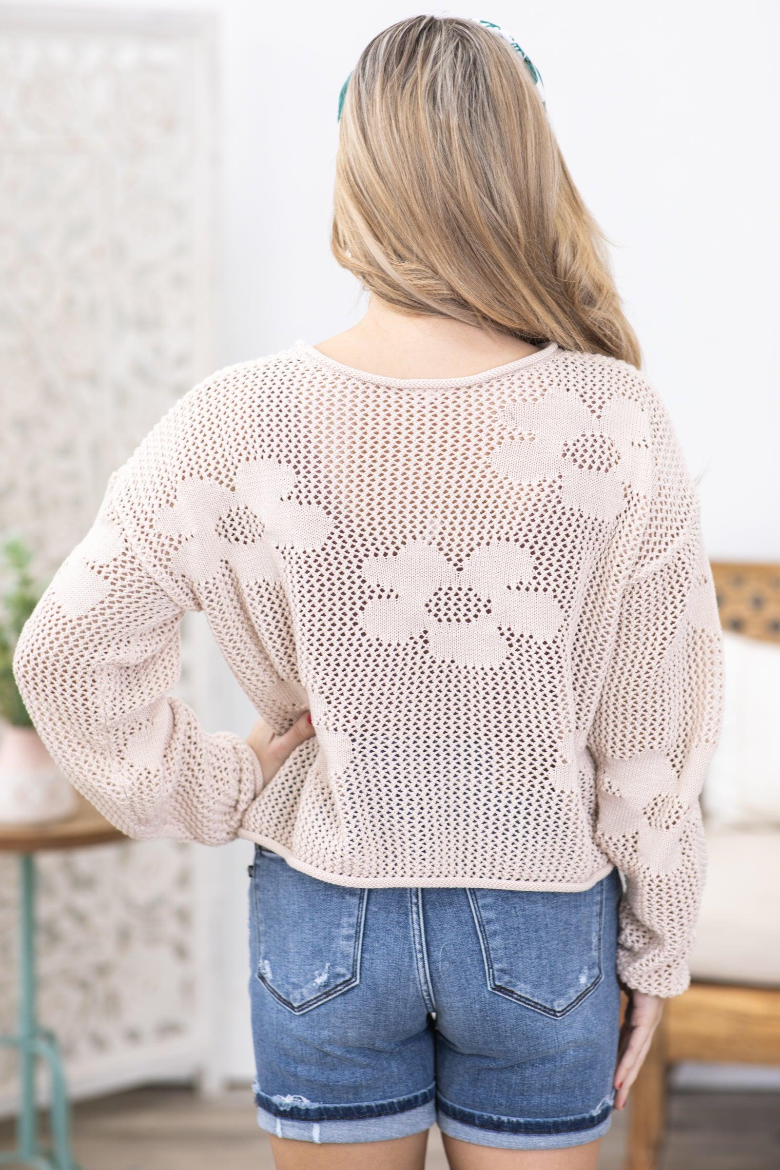 Beige Flower Pattern Crochet Sweater Top Product Image