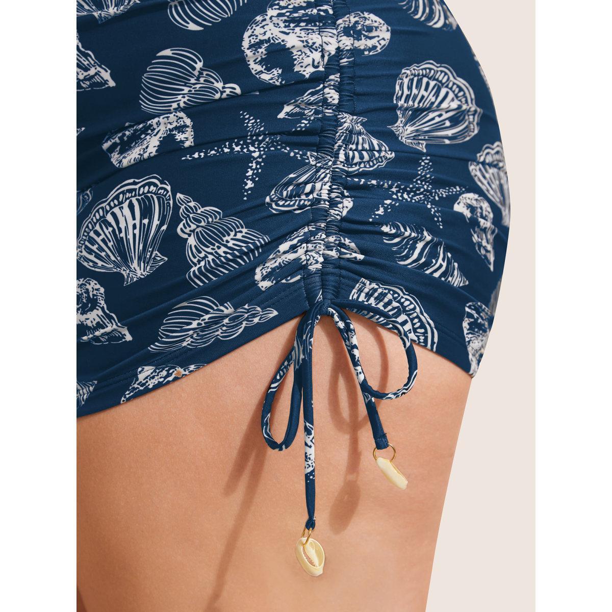 Plus Size Shell Print Drawstring Side Skinny Swim Bottom Women's Swimwear Indigo Beach Drawstring High stretch Skinny High Rise Curve Swim Bottoms BloomChic 22-24/3X Product Image