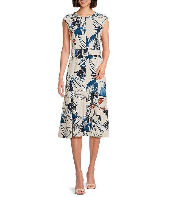 Calvin Klein Abstract Print Crew Neck Short Sleeve Belted A-Line Midi Dress Product Image