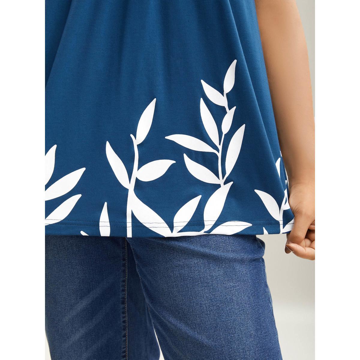 Plus Size Leafy Printed Hem Pleated Sleeveless Top Women Mediumblue Resort Pleated Square Neck Vacation Tank Tops Camis BloomChic 14-16/1X Product Image
