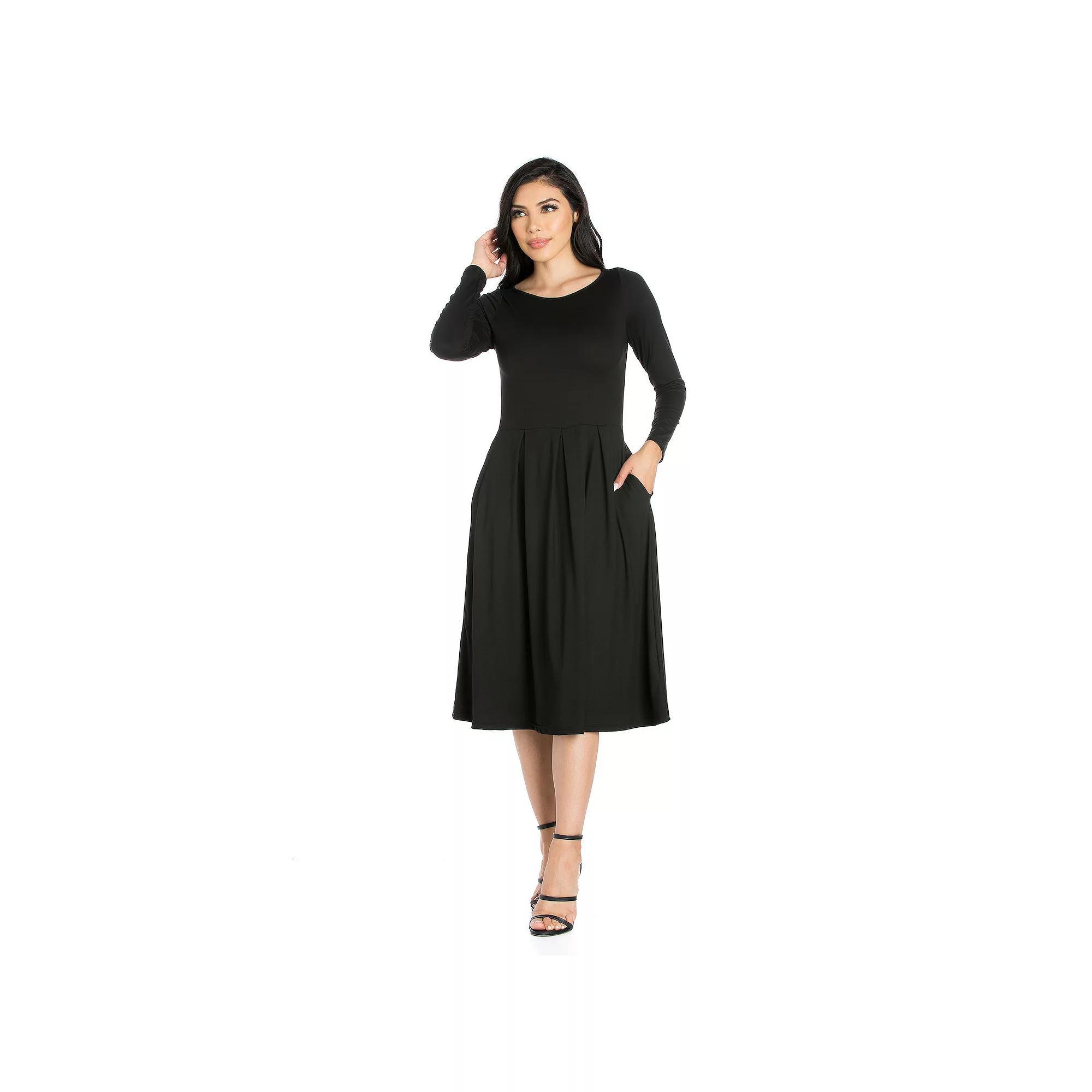 Women's 24Seven Comfort Apparel Long Sleeve Fit & Flare Dress with Pockets, Size: XL, Black Product Image