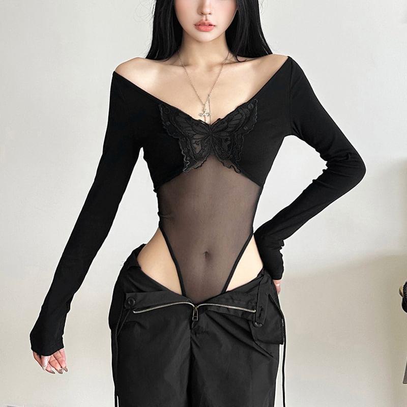 Long Sleeve V-Neck Butterfly Embroidered Plain Mesh Bodysuit Top Product Image