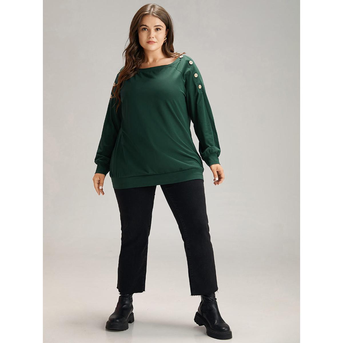 Plus Size Cotton Plain Button Detail Raglan Sleeve T-shirt DarkGreen Women Casual Plain Plain Round Neck Dailywear T-shirts BloomChic 10/M Product Image