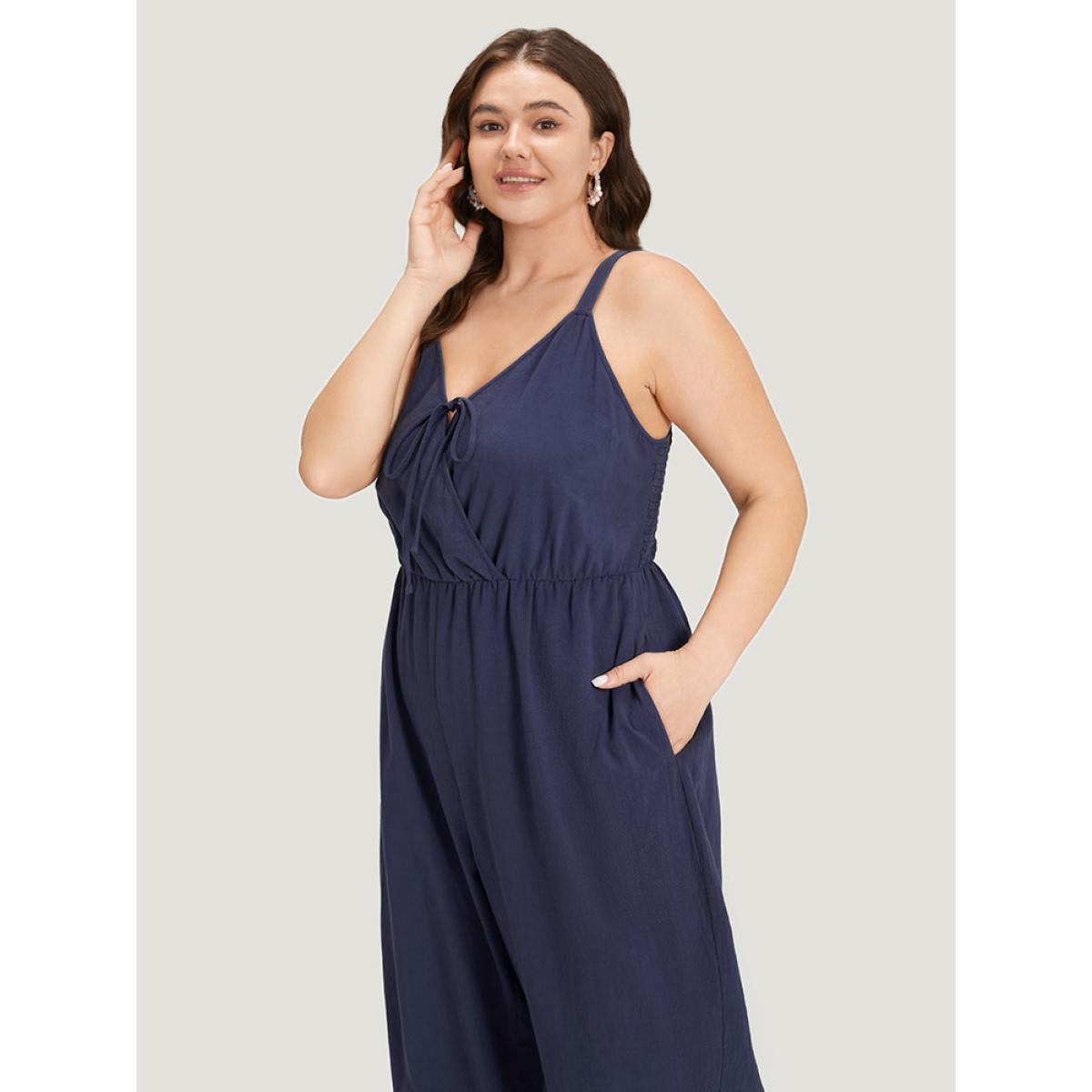 Plus Size Indigo Plain Pocket Elastic Waist Ties Cami Jumpsuit Women Casual Sleeveless Spaghetti Strap Dailywear Loose Jumpsuits BloomChic 14-16/1X Product Image