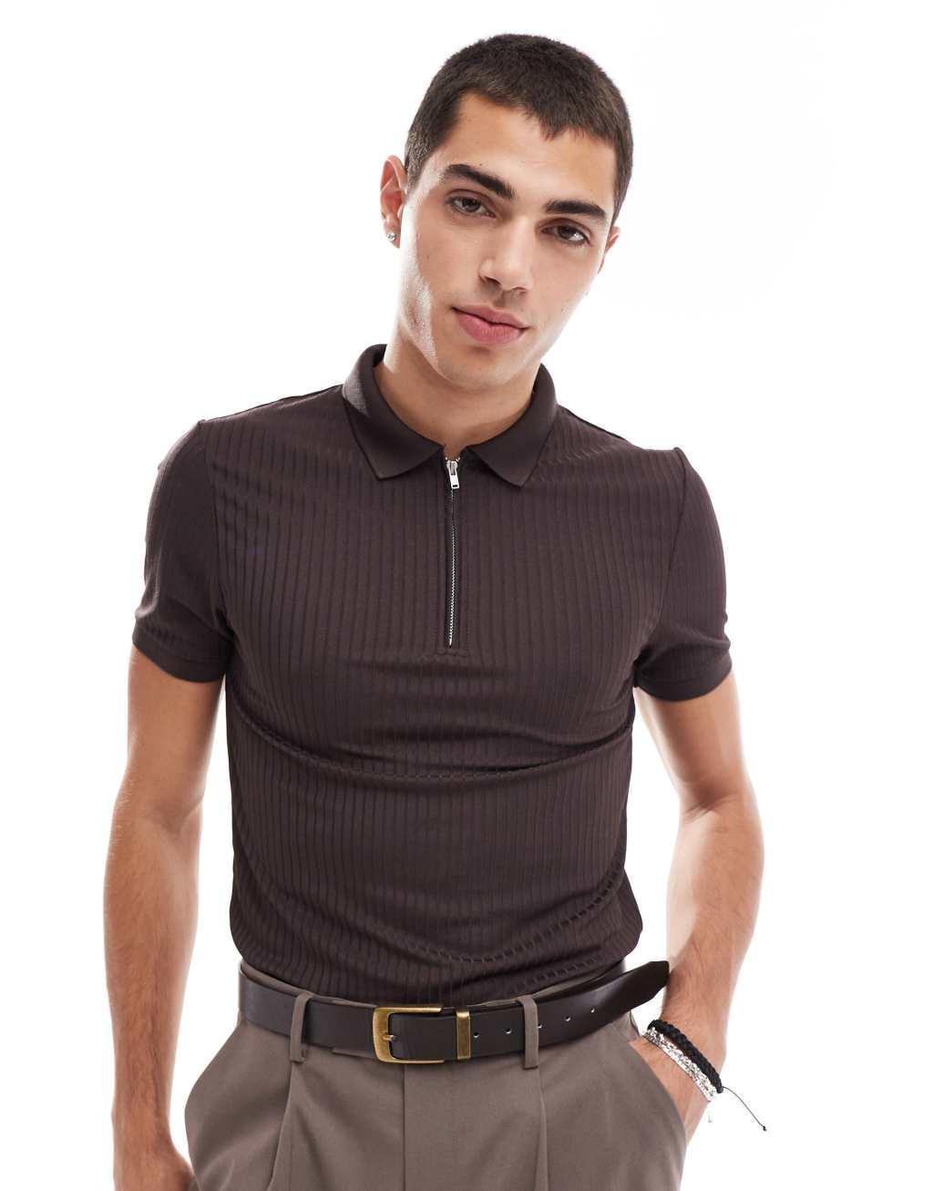  ASOS DESIGN muscle fit rib polo with zip in brown Product Image