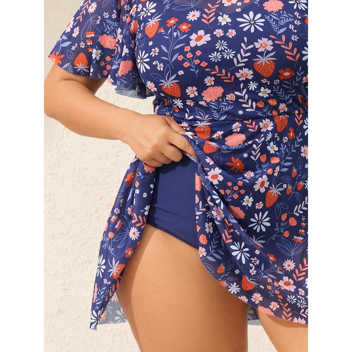 Plus Size Floral Print Mesh Very Stretchy Swim Dress Women's Swimwear Indigo Beach Bodycon Heart neckline High stretch Curve Swim Dresses BloomChic 22-24/3X Product Image