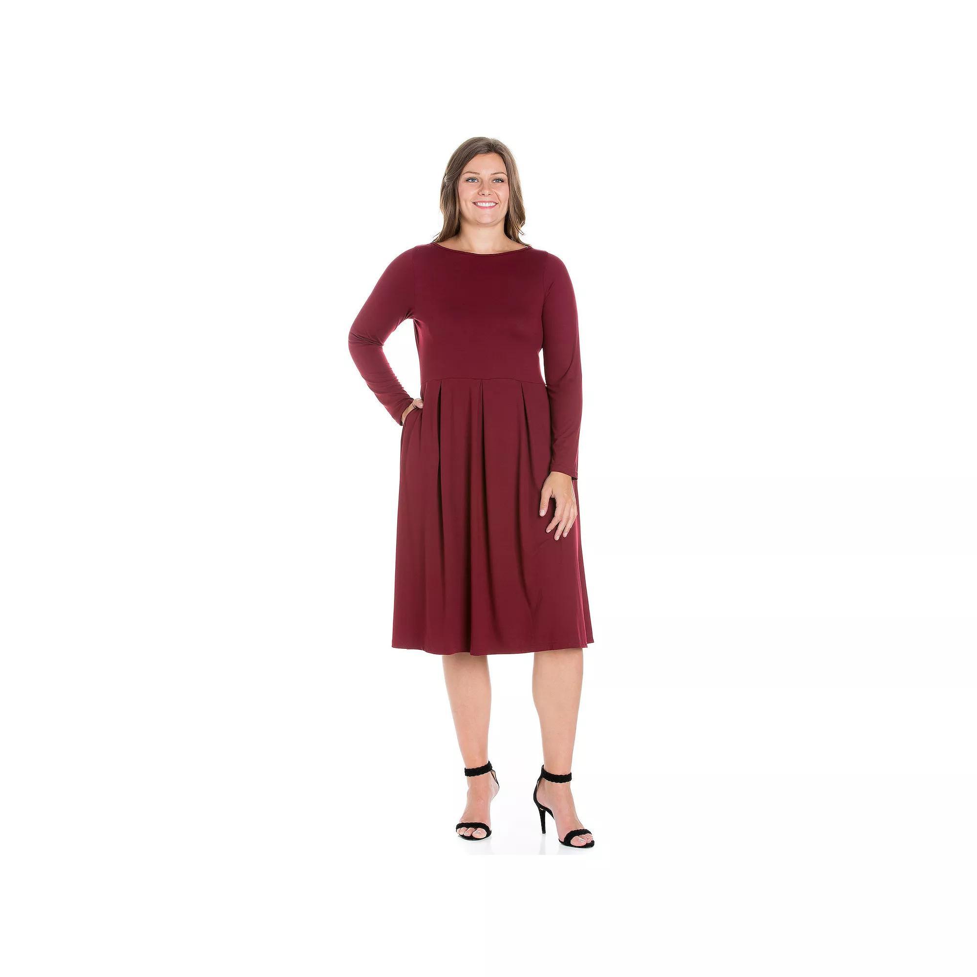 Plus Size 24seven Comfort Apparel Long Sleeve Fit and Flare Midi Dress, Women's, Size: 3XL, Red Product Image