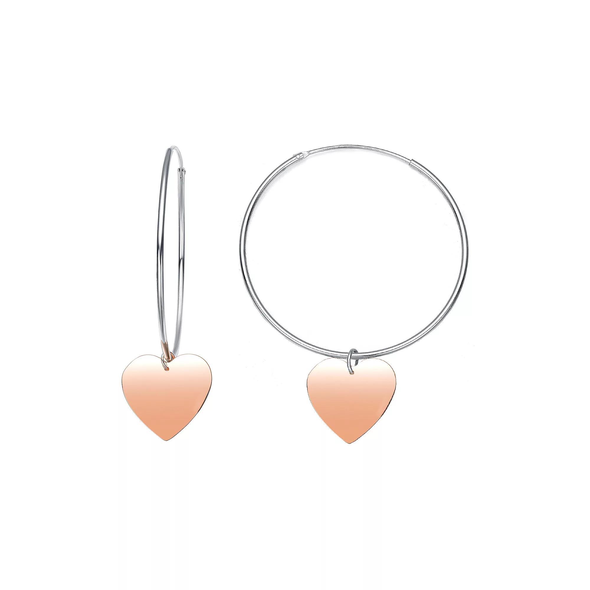 Two Tone Sterling Silver Heart Dangle Hoop Earrings, Womens Product Image