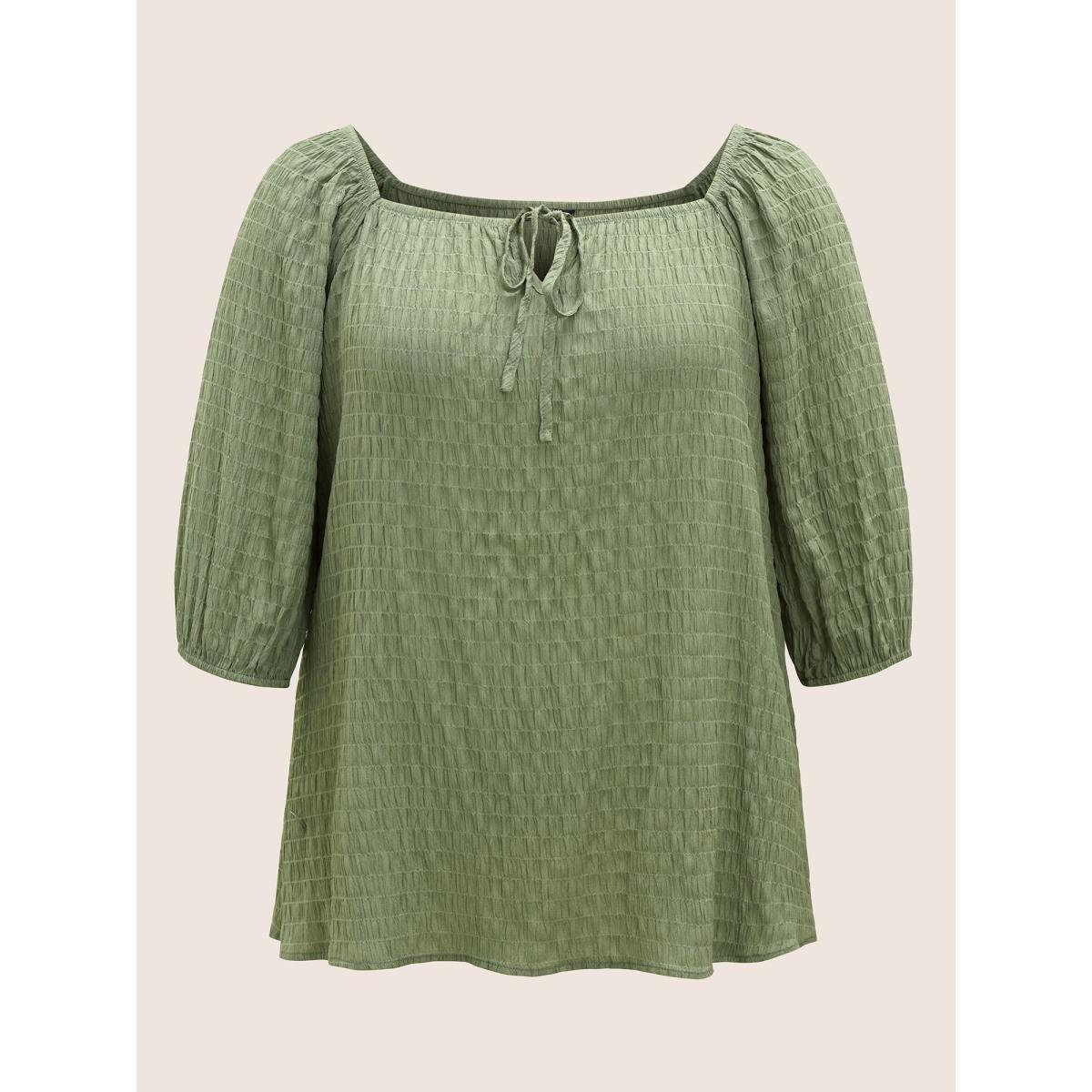 Plus Size Mint Plain Textured Gathered Ties Knot Neck Blouse Women Casual Half Sleeve Square Neck Everyday Blouses BloomChic 18-20/2X Product Image