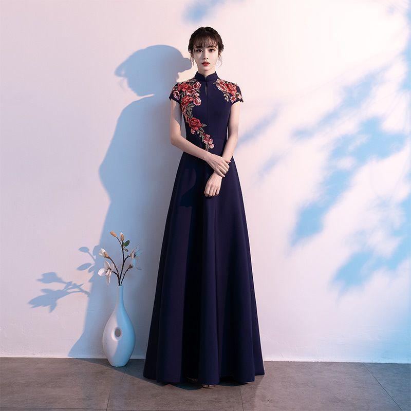 Short-Sleeve Floral Embroidered Qipao Evening Gown Product Image