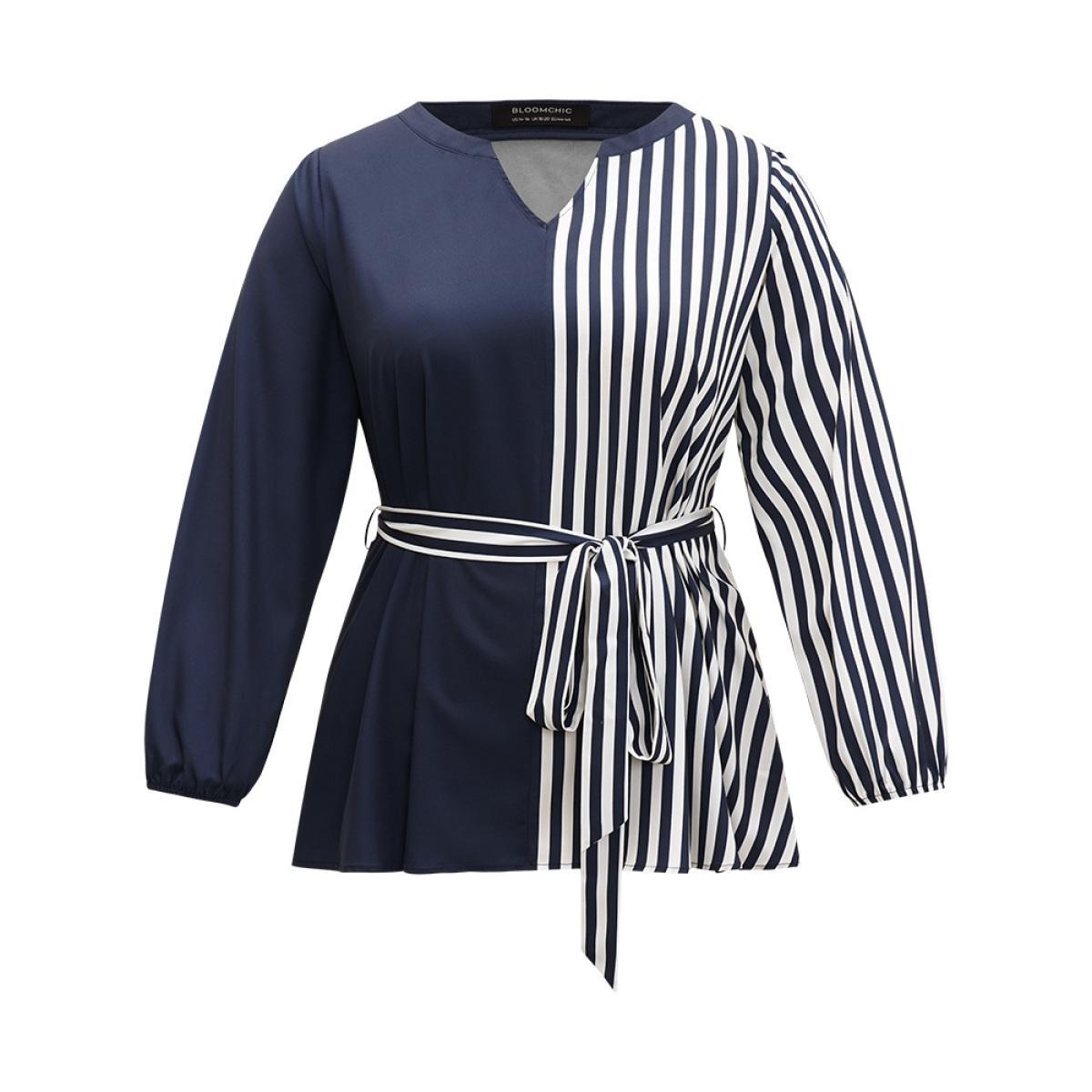 Plus Size Indigo Striped Patchwork Notched Belted Lantern Sleeve Blouse Women Office Long Sleeve V-neck Work Blouses BloomChic 22-24/3X Product Image