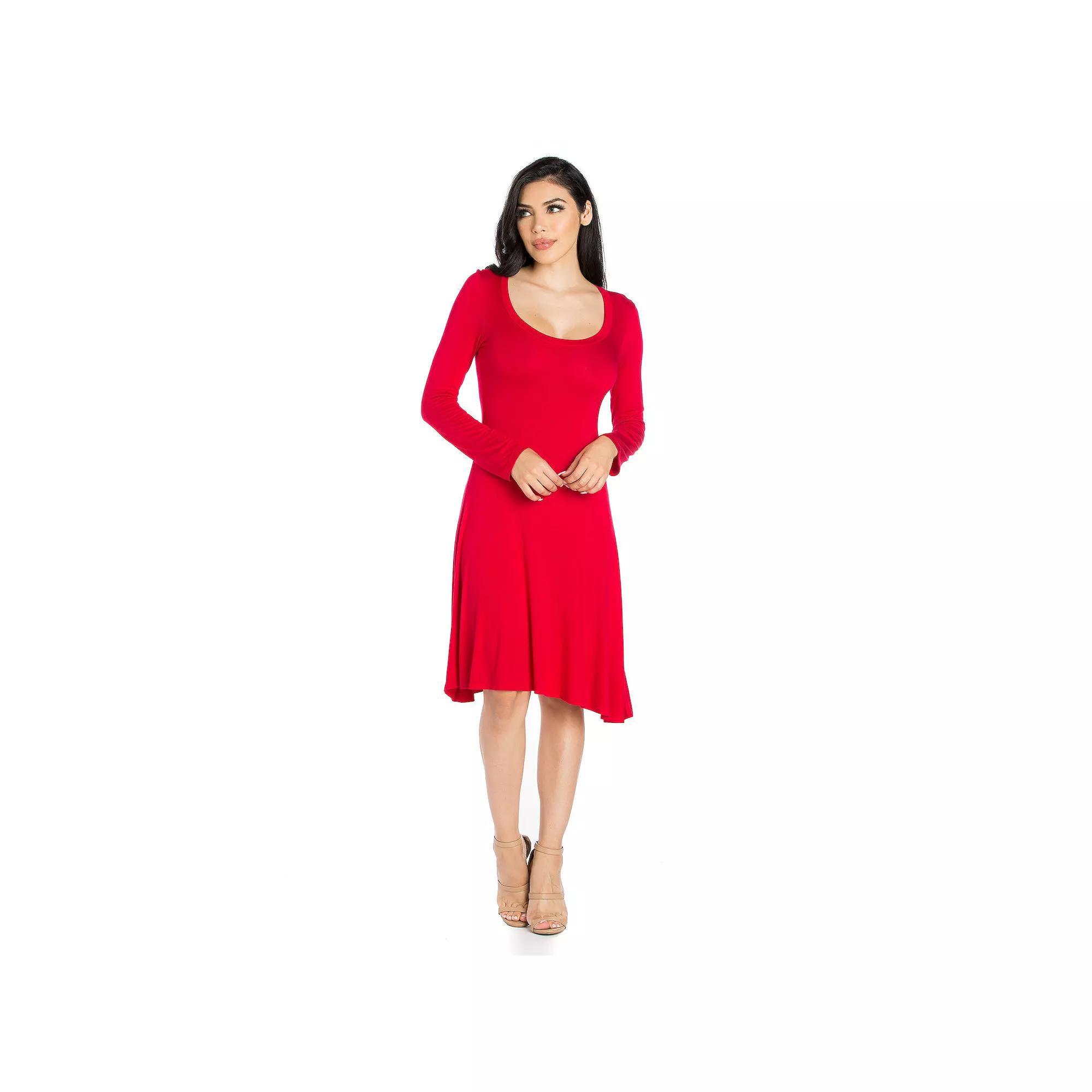 Women's 24seven Comfort Apparel Classic Scoopneck Long Sleeve Flared Mini Dress, Size: XL, Red2 Product Image