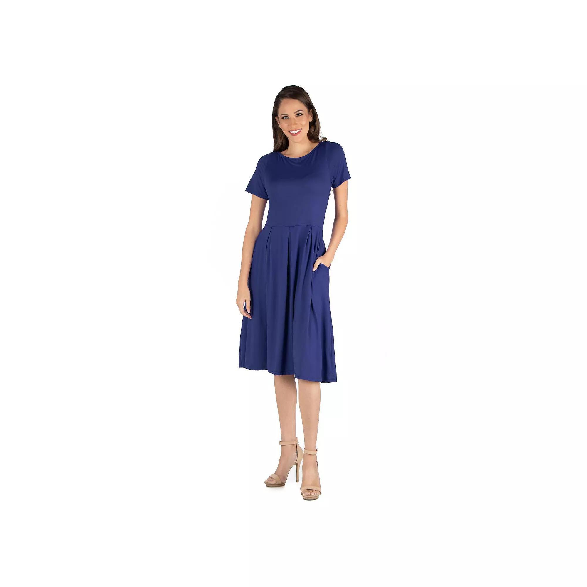 Womens 24seven Comfort Apparel Short Sleeve Midi Dress with Pockets Blue Product Image