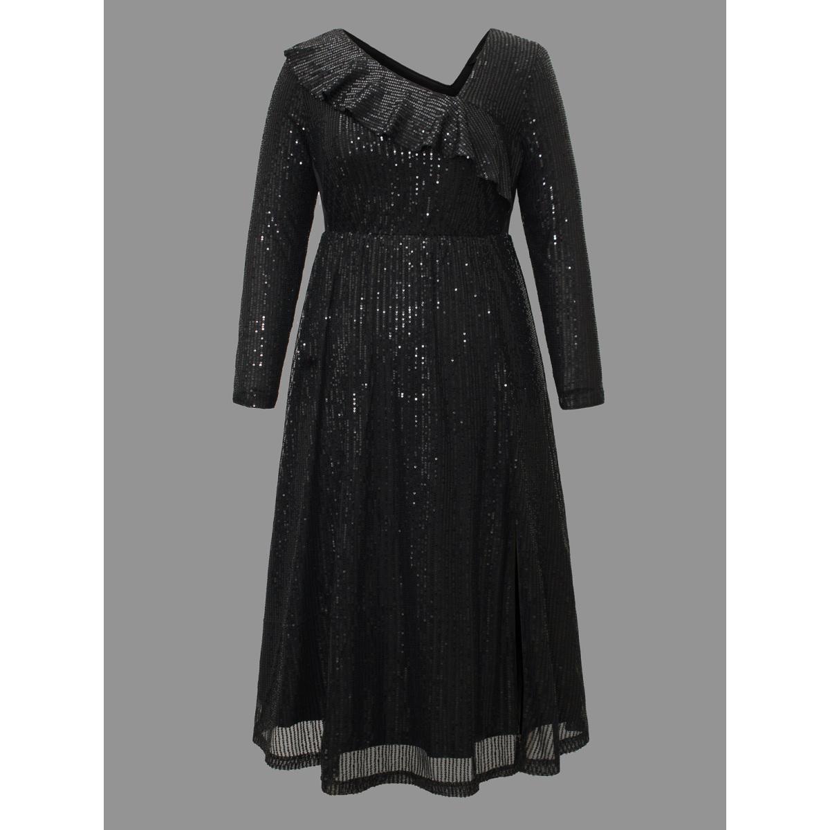 Plus Size Sequin Mesh Asymmetrical Neck Midi Dress Black Women Cocktail Texture Party Curvy Bloomchic 14-16/1X Product Image