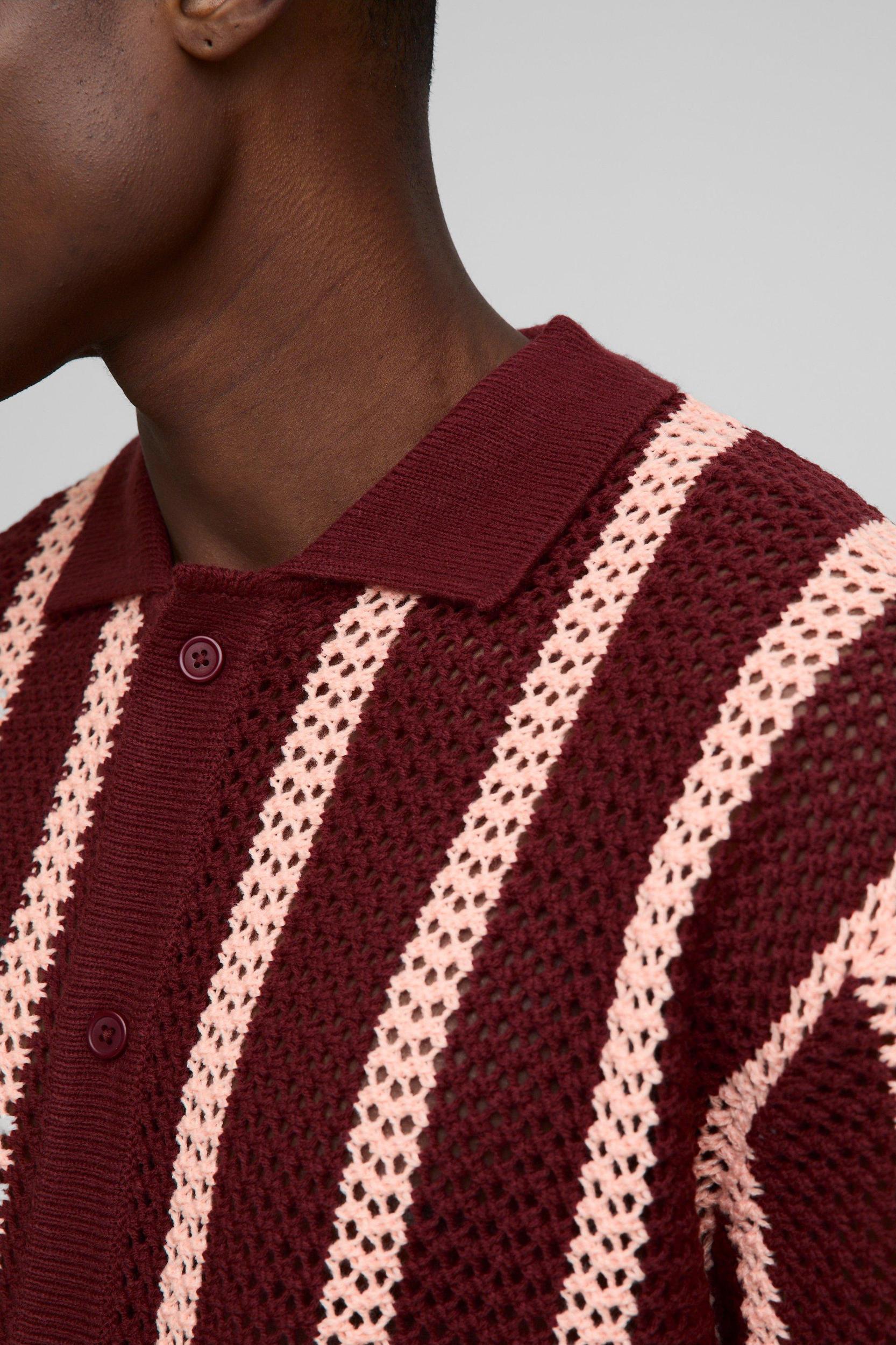 Oversized Open Stitch Stripe Knitted Shirt | boohooMAN USA Product Image