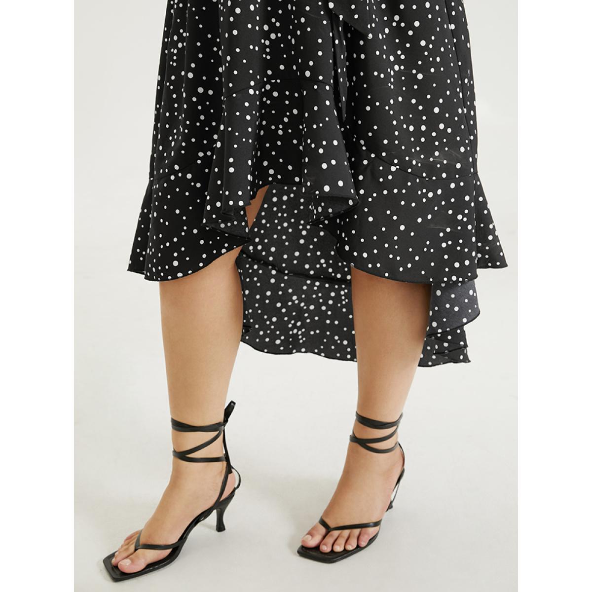 Plus Size Polka Dot Wrap Ruffle Trim High Low Hem Dress Black Women Elegant Elastic cuffs V-neck Long Sleeve Curvy Knee Dress BloomChic 14-16/1X Product Image