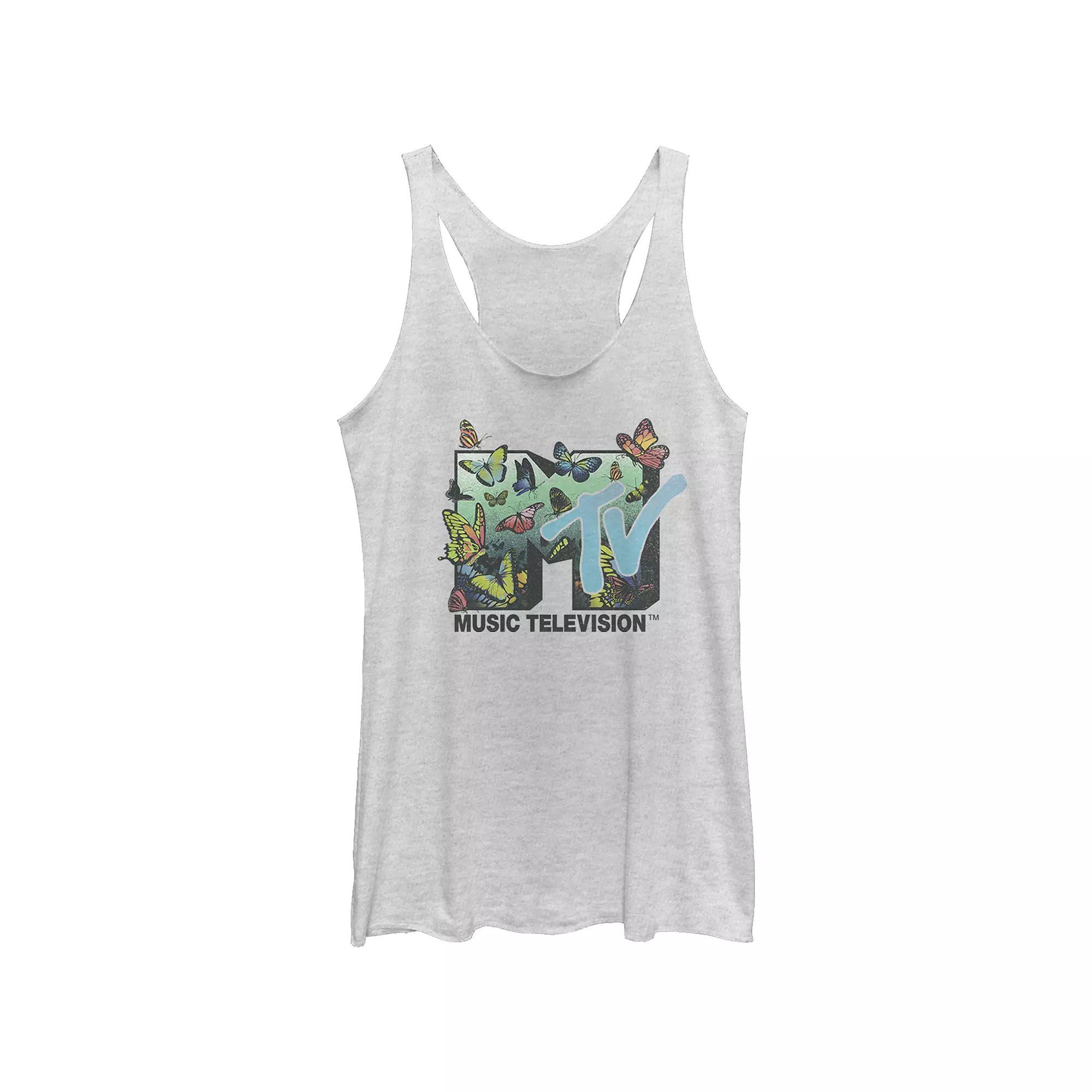 Juniors' MTV Butterflies Logo Racerback Tank Top, Girl's, Size: Medium, White Grey Product Image