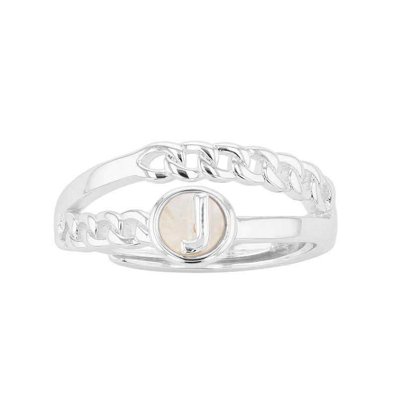 City Luxe Silver Tone Mother-of-Pearl Initial Disk Chain Band Ring, Women's Product Image