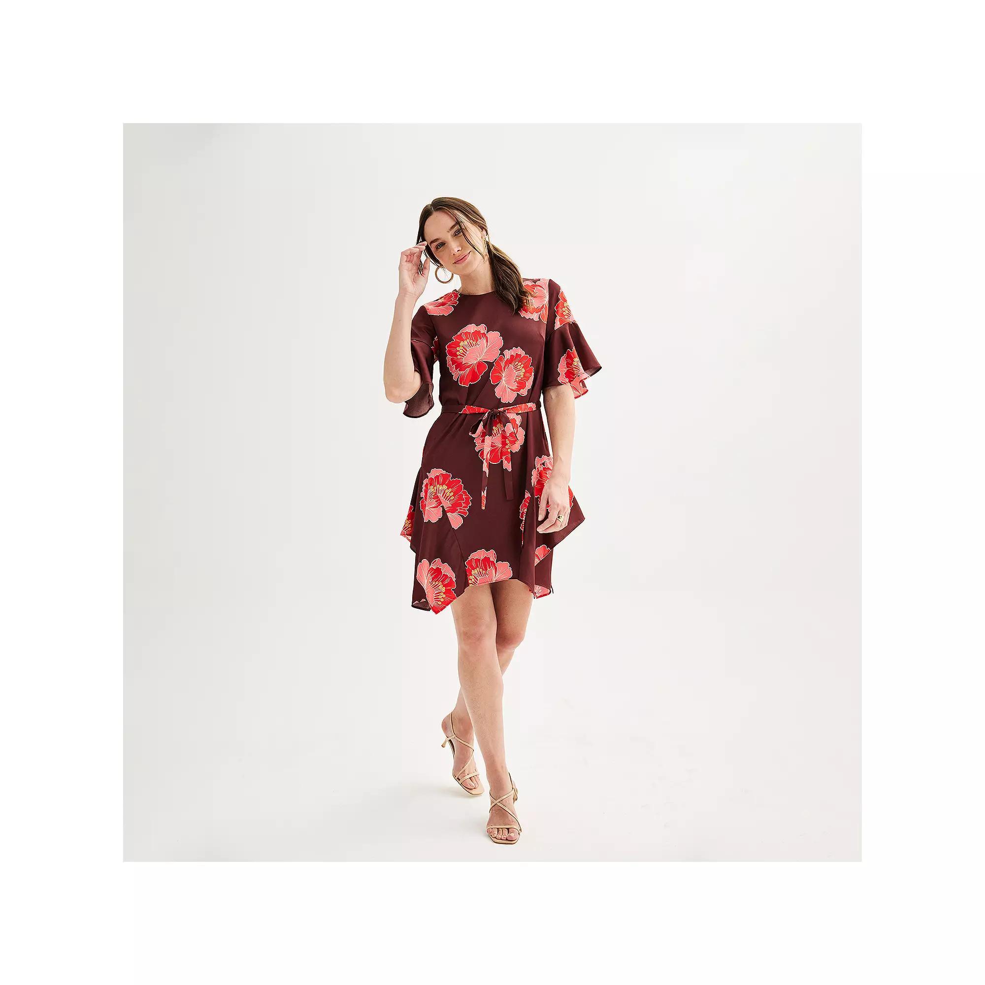 Women's Nicole Miller Flutter Sleeve Tie Waist Satin Dress, Size: 14, Bitter Brown Product Image