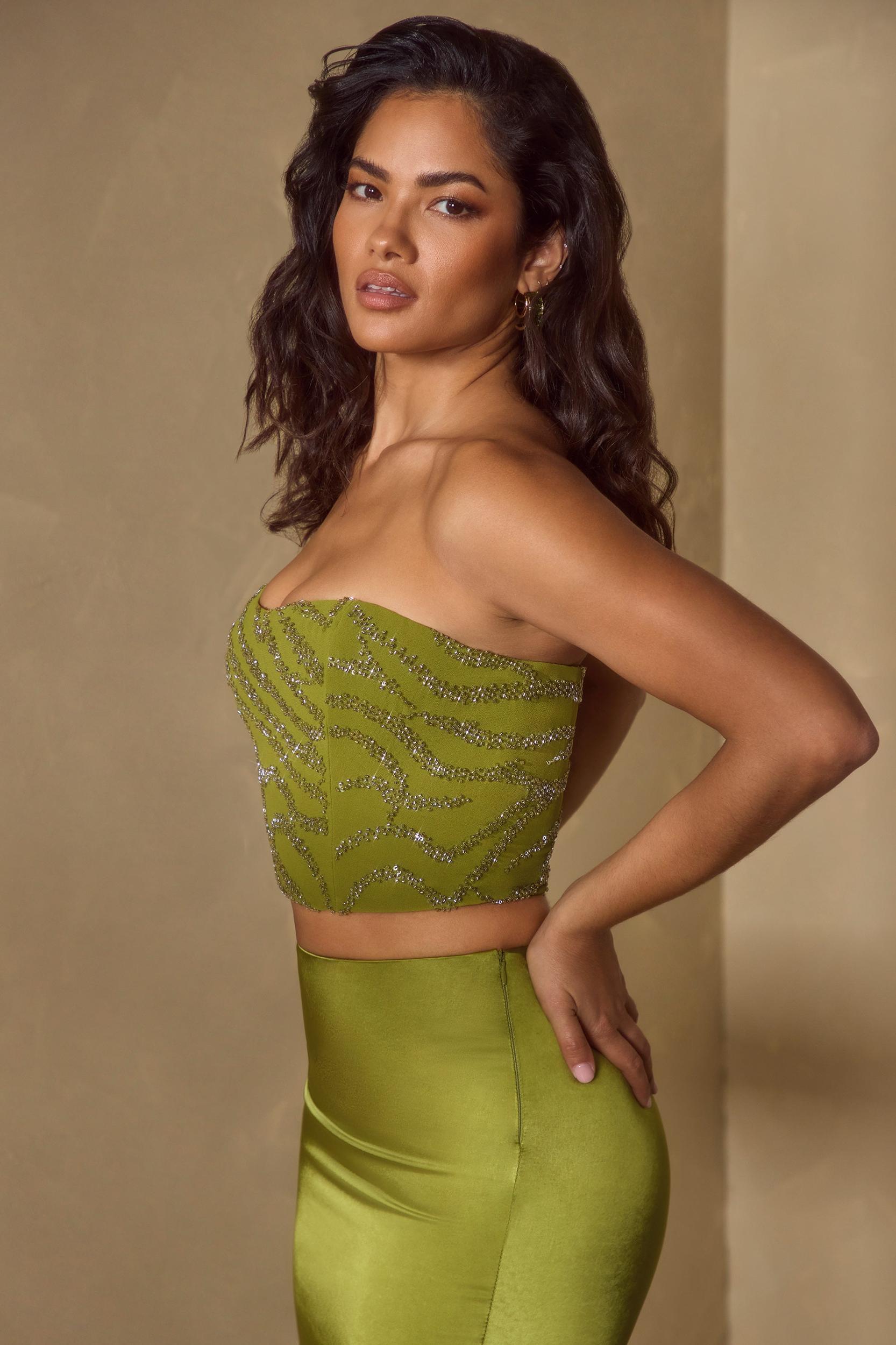 Embellished Bandeau Corset Top in Olive Product Image