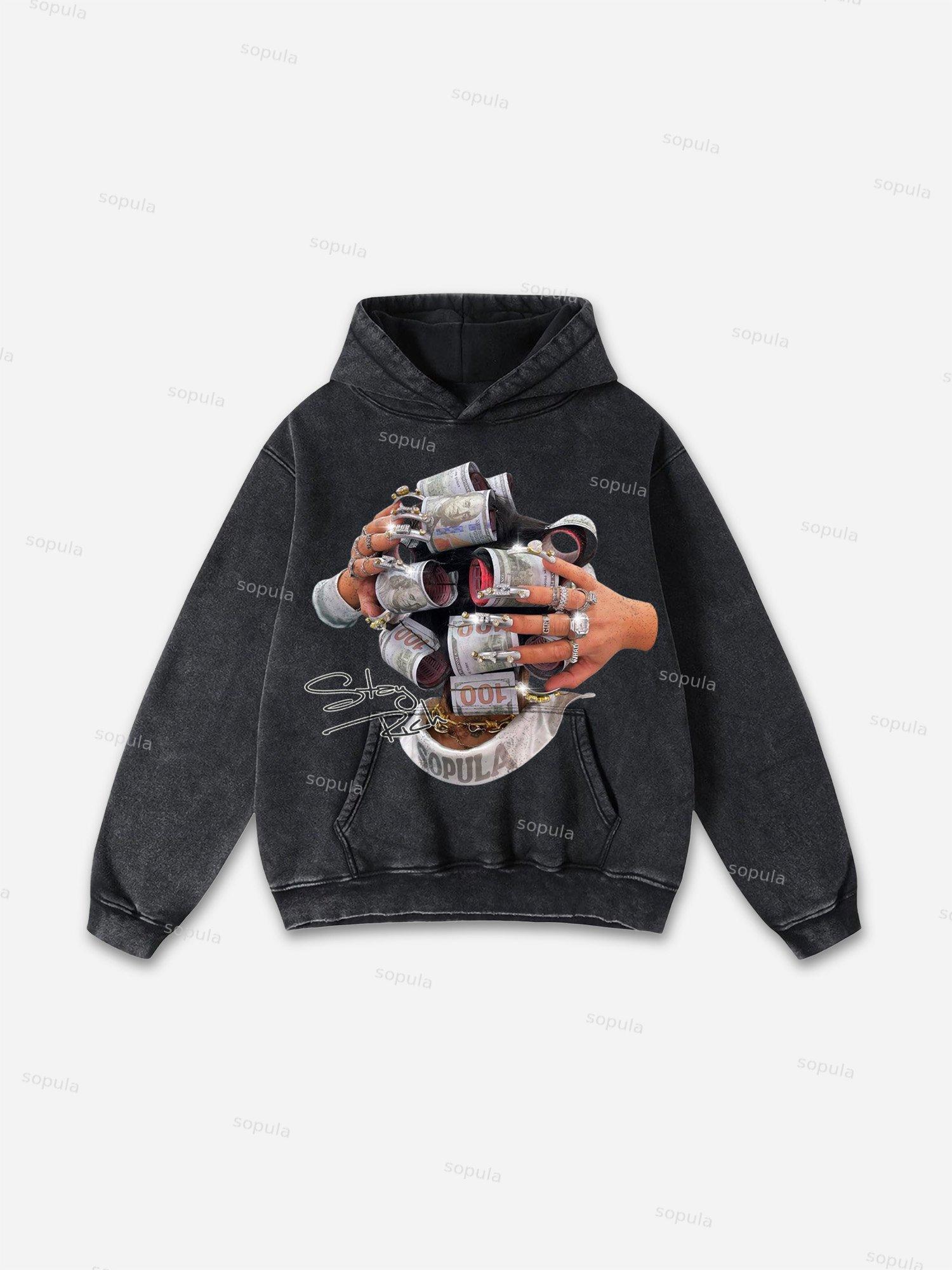 Big Face Retro Cartoon Graphic Acid Wash Hoodie Product Image