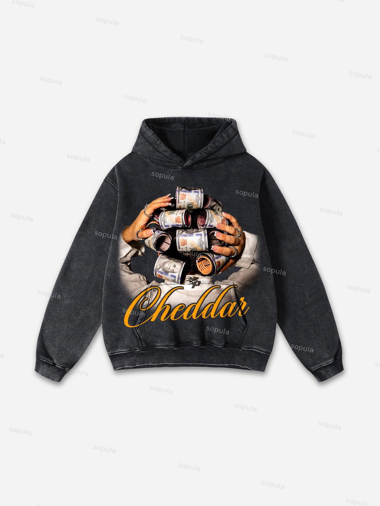 Cheddar' Street Money Big Head Character Graphic Acid Wash Hoodie Product Image