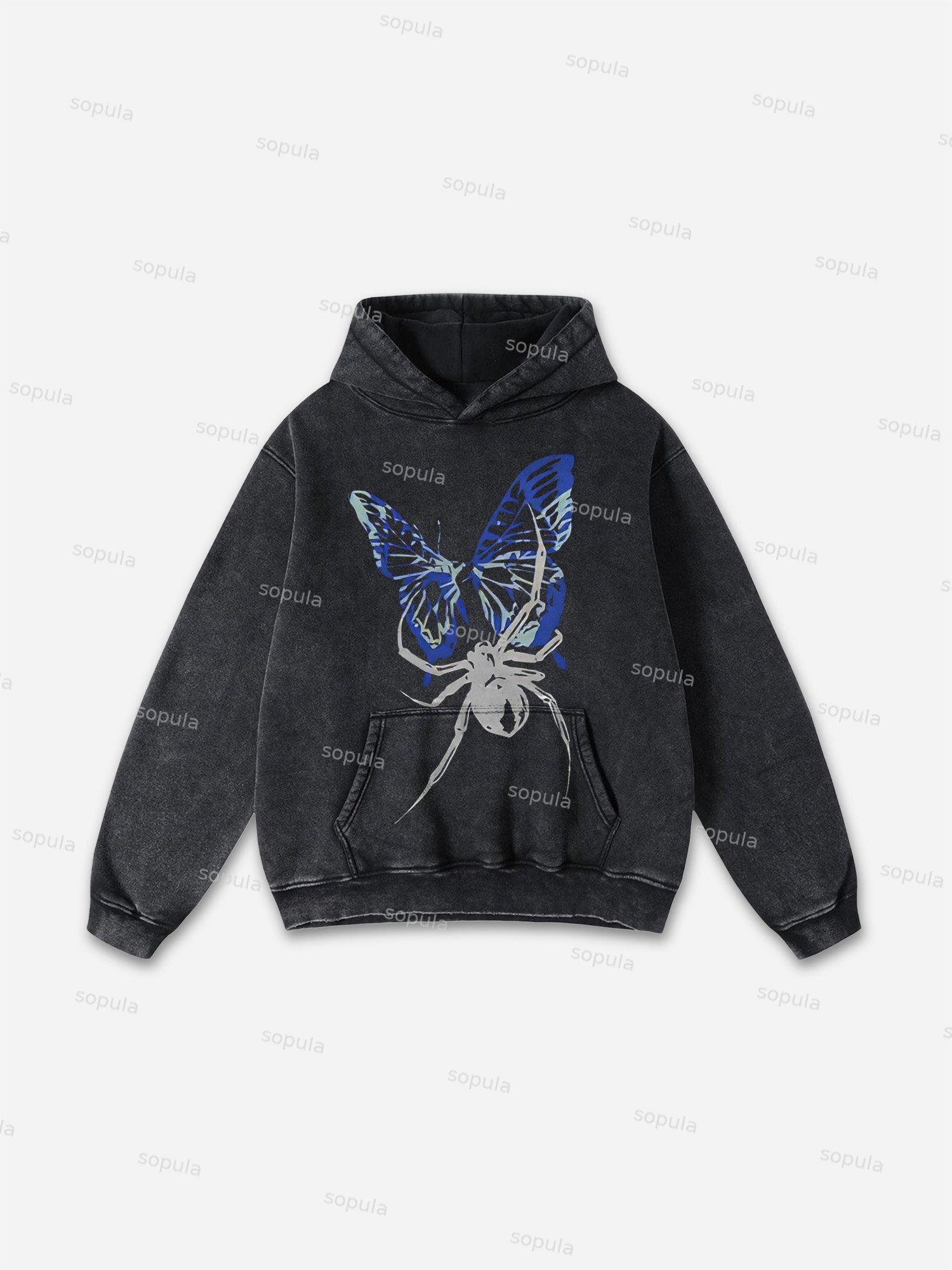 Sopula Vintage Spider Butterfly Graphic Acid Washed Oversized Hoodie Product Image