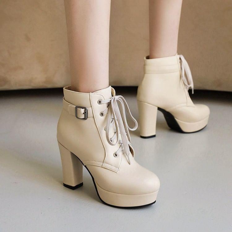 Block Heel Lace-Up Ankle Boots Product Image