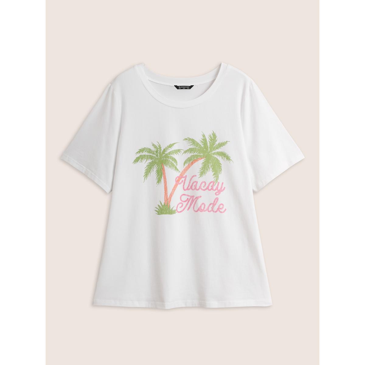 Plus Size Cotton Vacation Tropical Print Round Neck T-shirt Originalwhite Women Resort Contrast Tropical Round Neck Vacation T-shirts BloomChic 22-24/3X Product Image
