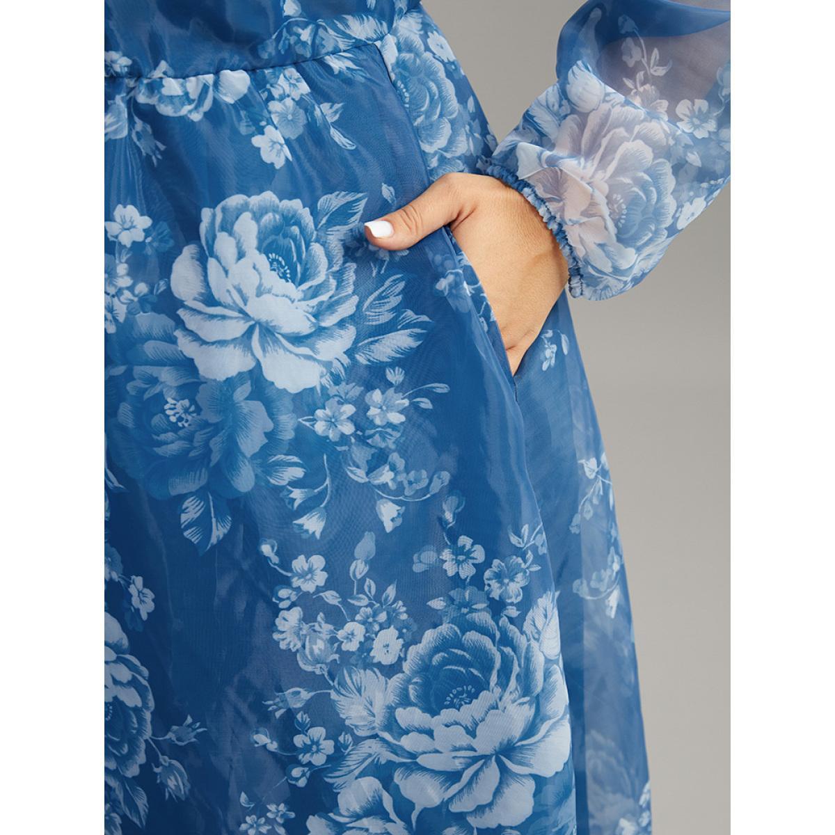 Plus Size Silhouette Floral Print Elastic Cuffs Mesh Dress Cerulean Women Elegant Elastic cuffs V-neck Long Sleeve Curvy Midi Dress BloomChic 22-24/3X Product Image
