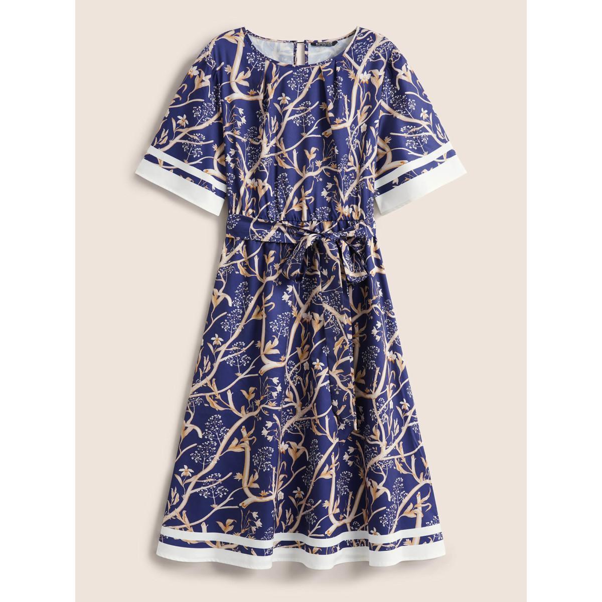 Plus Size Plants Print Contrast Belted Pleated Dress Aegean Women Resort Non Round Neck Short sleeve Curvy Midi Dress BloomChic 10/M Product Image