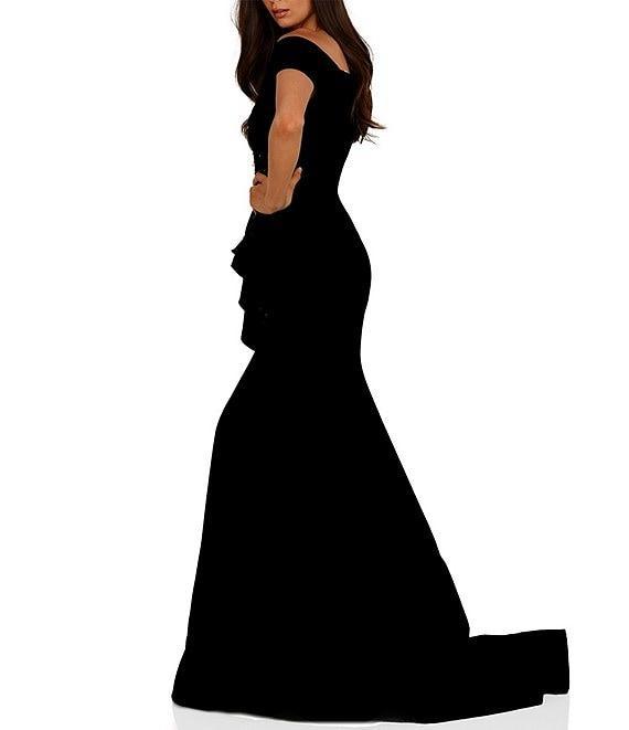 Terani Couture Off-the-Shoulder Short Sleeve Peplum Beaded Applique Mermaid Gown Product Image