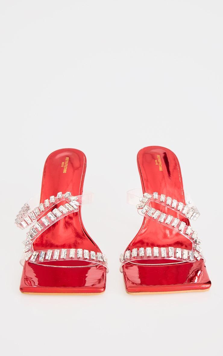 Red PU Wide Fit Metallic Square Toe Diamante Strap Heeled Mules Product Image