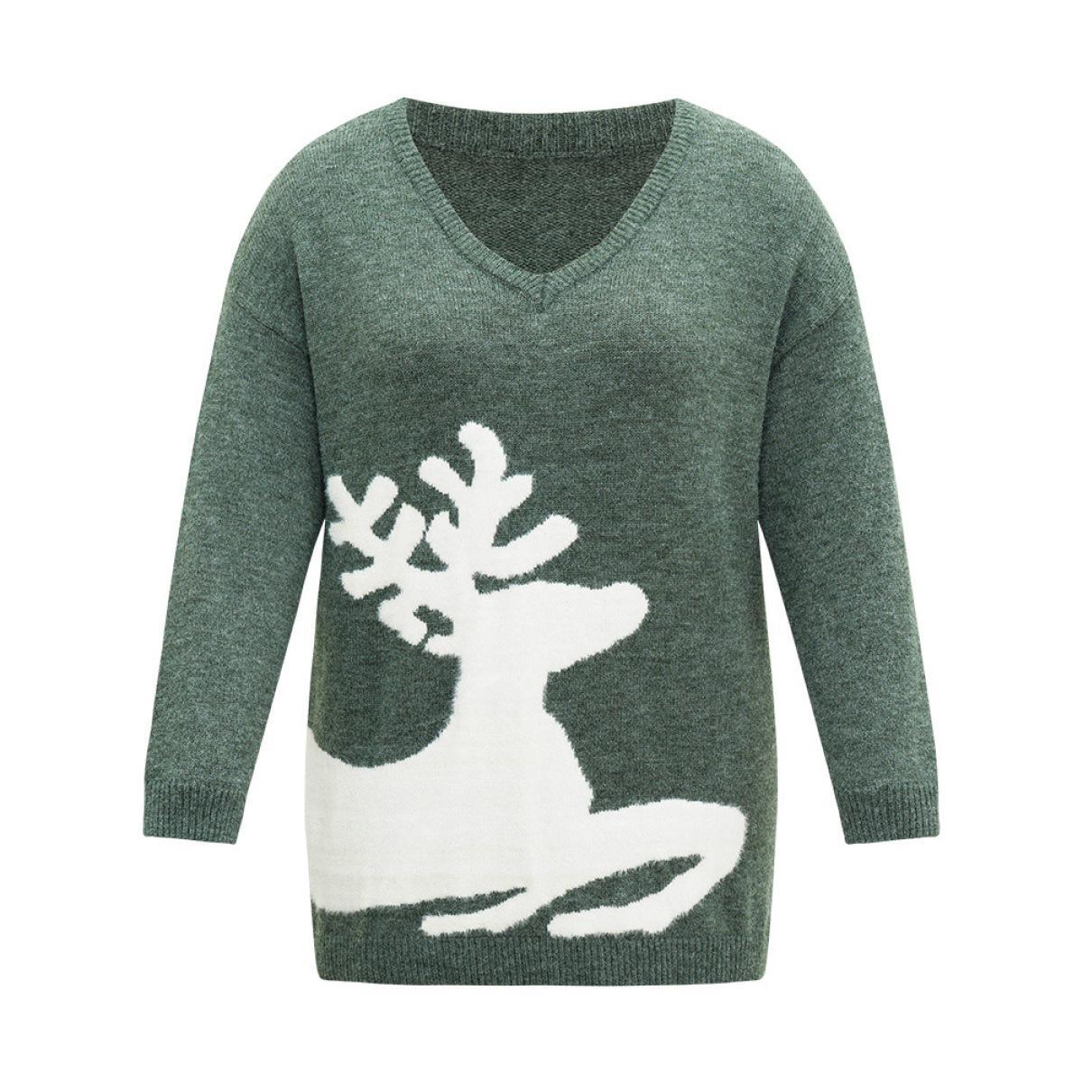 Plus Size Anti-Pilling Elk Print Drop Shoulder Pullover DarkGreen Women Casual Loose Long Sleeve V-neck Festival-Christmas Pullovers BloomChic 26/4X Product Image