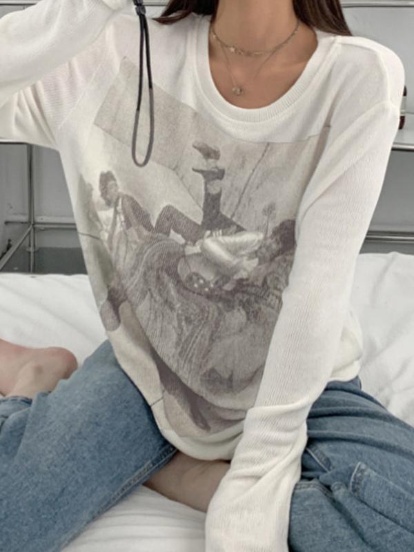 Vintage Print Ribbed Loose Long Sleeve Knit Product Image