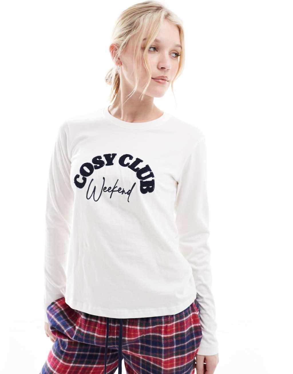 Threadbare Cosy Club long pajamas set with red plaid bottoms  Product Image